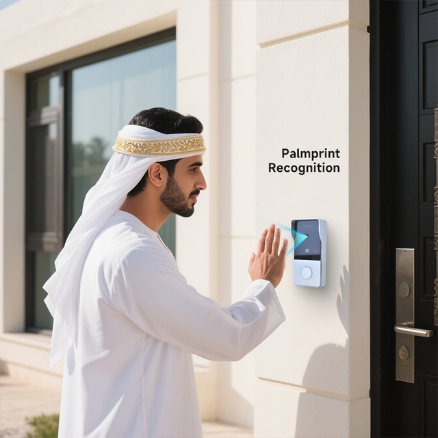 2K Resolution Hiwink Door Camera Intercom System with Palmprint Access 7'' Touch Monitor Works with Tuya Alexa Google POE Power