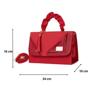 Bolso de Mano para Mujer Fana Mirta, Cuero Rojo, Rectangular, Cierre de Solapa Abierta, Bordado con Patrón de Media Luna, para Fiestas, Uso Diario - Product Image 4