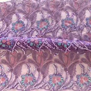 Wholesale cord lace fabric african tulle mesh cord spangle flat embroidered sequins fabric for women