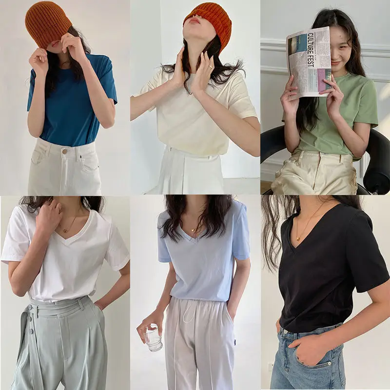 Kaus Wanita Kerah V/Leher-o Warna Polos Kaus Wanita Gaya Kasual Kaus Katun Lembut untuk Wanita