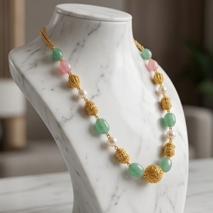 Collar Mala Antiguo de Plata 925 con Cuentas Rosa Verde Agua y Detalles de Perlas, Joyería Étnica Tradicional para Mujer - Product Image 4