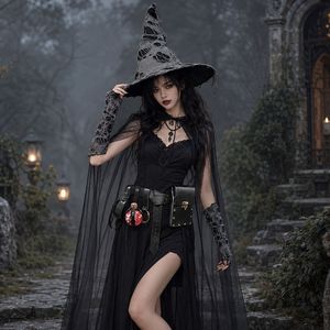 Costume de sorcière gothique pour femmes pour Halloween, ensemble de déguisement de sorcière sombre avec <span class=keywords><strong>chapeau</strong></span>, cape et accessoires - Product Image 3