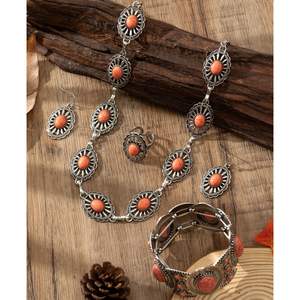 Date Western Bohême Orange Ovale Turquoise Ensemble de Bijoux Cowgirl Squash Blossom Charme Collier Boucles <span class=keywords><strong>D</strong></span>'oreilles Anneau Bracelet pour Femme - Product Image 2