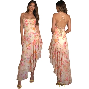 Nouvelle collection été 2026 – Robe longue décontractée écologique à taille naturelle, motif floral romantique, couleurs contrastées, coupe ajustée, dos croisé, sans manches et ourlet à volants - Product Image 1
