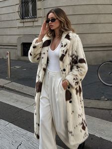 Manteau long tendance en fausse fourrure pour femme 2026, base blanche avec imprimé taches de vache marron, surchemise d'hiver à boutonnage simple - Product Image 3
