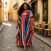 Nouvelles Robes d'été grande taille à imprimé rayé africain, col en V, coupe ample, style Kaftan Boubou pour femme, avec poches, ethniques, respirantes et infroissables