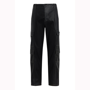 Stacked Style Black Leather Straight Leg Pants with Contrast <strong>White</strong> Stitching Side Patch <strong>Cargo</strong> Pockets Functional Pants Cool Men - Product Image 5