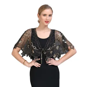 Wholesale Vintage Famous 1920S Oversized Short Loose Cardigan Cape Sequin Shawl Cape For Evening Dress wear