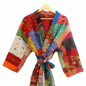 Nuevo Vestido Maxi de Seda Multicolor con Parches Kantha, Bata Larga Étnica para Mujer, Elegante Bata de Dormir, Chaqueta Kantha - Product Image 1
