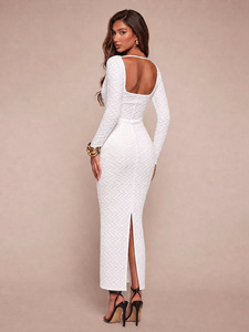 New Square Neck <b>Long</b> Sleeved Textured Dress for Women with Exposed Back, Slim Fit, Slit Cut, Hip Hugging <b>Long</b> <b>Skirt</b> - Product Image 2