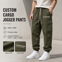 Pantalon de jogging homme en sergé tissé à cordon de serrage, poches cargo, impression sérigraphiée, revers élastiques, style streetwear, marque privée