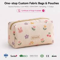 Pochette zippée en velours côtelé à imprimé floral de lapin de dessin animé, étiquette personnalisée, sac de rangement cosmétique portable, organiseur de maquillage de voyage