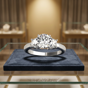 Anillo de Tres Piedras con Diamante Cultivado en Laboratorio con Corte Redondo Certificado por IGI, con Diamantes Laterales Trapezoidales en Oro de 10K, 14K, 18K, Plata 925, 935 - Product Image 1