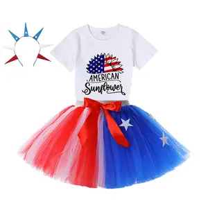 Rarewe American Flag Sunflowers Thermal Printed Heat Press 4Th Of July Design Independence Day Heat Baby Girl Lace Dresses