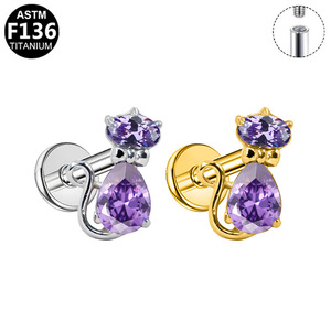 <b>Titanium</b> Heart Cat Purple Zirconia Ear <b>Studs</b> For Cartilage Piercing Jewelry Unisex Fashionable Simple Design - Product Image 5