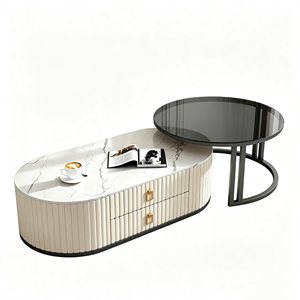 <span class=keywords><strong>Tavolino</strong></span> da Caffè in Pietra Sinterizzata Italiana di Lusso, Mobile TV Moderno Minimalista in Vetro Rotondo, Set per Soggiorno - Product Image 1