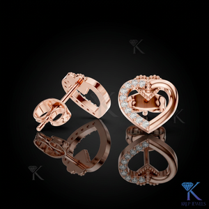 Boucles d'oreilles clous cœur ouvert en diamant de laboratoire, détail demi-pavé et milgrain, or massif 14K/18K, bijoux pour femme, cadeau de mariage romantique - Product Image 2