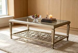 Table basse rectangulaire moderne en verre doré champagne avec étagère en treillis pour salon - Product Image 6