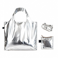 Sac fourre-tout pliable en tissu écologique durable et métallisé argenté brillant, réutilisable, avec pochette zippée en polyester pour vêtements et courses