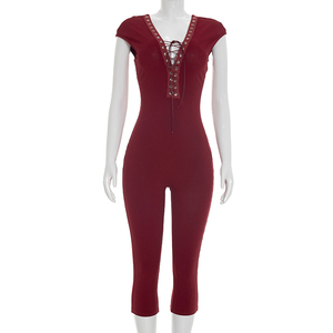 Viviblook J26JP095 Nouvelle combinaison d'été pour femme, moulante, sexy, à lacets, col en V, couleur unie, manches courtes - Product Image 2