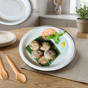 Assiette ronde en bagasse blanche de 9 pouces, jetable, en pulpe de canne à sucre, pour servir les aliments, compostable, biodégradable, vaisselle écologique - Product Image 5