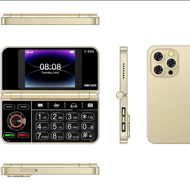 Hot Selling V-899 Flip Folding Dual Screen Feature Phone Non-Smart 2G Foreign Language Keyboard Phone