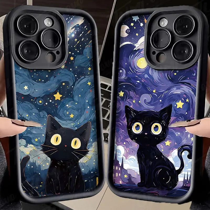 Starry Sky Black Cat Silicone Phone Case For Xiaomi Redmi Note 13 12 11 Pro Plus 12S 11S 10S 10 9 9S 8 12C 13C Matte Back Cover
