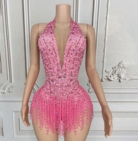 Robe de danse latine pour femmes, luxueuse, entièrement ornée de diamants, chaîne perlée, dos nu, maille, une pièce, festival de musique