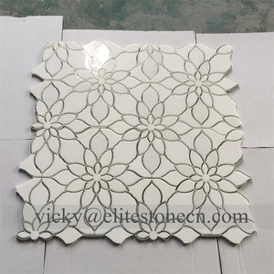 Mosaïque <span class=keywords><strong>de</strong></span> marbre Thassos blanc mélangé à du verre miroir argenté, motif <span class=keywords><strong>de</strong></span> champ <span class=keywords><strong>de</strong></span> marguerites, pour mur décoratif - Product Image 2