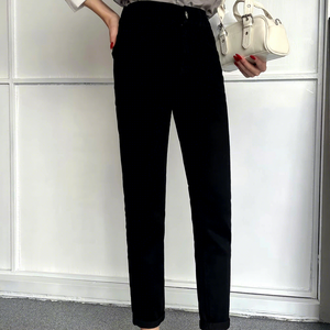 <span class=keywords><strong>Jean</strong></span> en denim extensible noir <span class=keywords><strong>taille</strong></span> haute pour <span class=keywords><strong>femme</strong></span>, coupe courte, anti-plis, style streetwear décontracté, pour silhouettes généreuses, avec logo personnalisable - Product Image 1