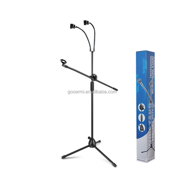 MS-008-103 Floor Standing Microphone Triangle Stand with Dual Flexible Arms and Phone Holder