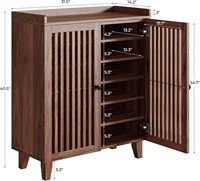 Meuble à chaussures fin en noyer IRONCK avec portes à lattes, 6 étagères réglables et plateau supérieur à rebord, rangement d'entrée peu encombrant.