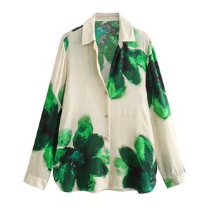 Camicette Casual da <span class=keywords><strong>Donna</strong></span> alla Moda <span class=keywords><strong>Beige</strong></span> Verde con Bottoni Colletto Rovesciato Maniche Lunghe Tessuto Vintage con Motivo Stampato Traspirante - Product Image 3