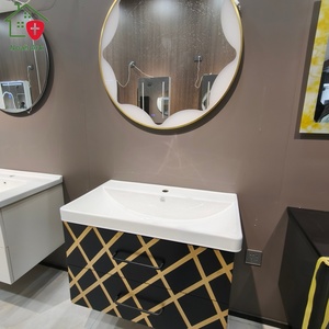 Mueble de baño con rayas negras, encimera blanca, lavabo, espejo redondo montado en la pared - Product Image 4