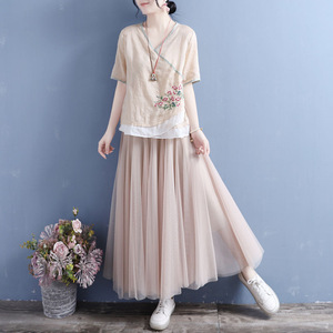 Women Cotton Linen V-neck Short Sleeve Top With Floral Embroidery Chinese Style Tea Dress Breathable Summer <b>Blouse</b> - Product Image 3