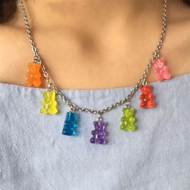 Cartoon Lovely Animal Pendant Resin Necklace Acrylic Jelly Little Bear Pendant Thin Chain Link Party Jewelry Long Alloy 1 Piece