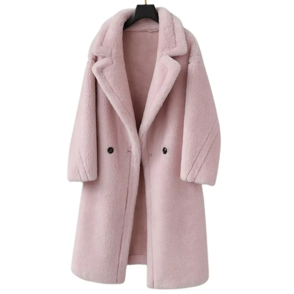 high quality mens wool business coat long thick luxury brand shearing knitted jacket korean loose pink wool coats for ladies