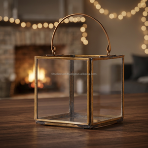 Square Brass <b>Lantern</b> With Glass Panels And <b>Metal</b> Handle For Home Decoration - Product Image 2