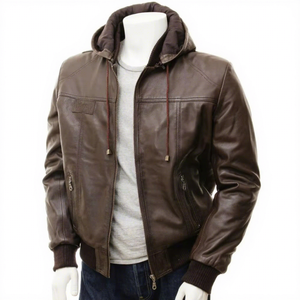 <b>Mens</b> Real <b>Brown</b> <b>Leather</b> <b>Jacket</b> Hooded Bomber Aviator Cowhide Coat Ribbed Knit Trim Custom Classic Winter Warm Fashion Outerwears - Product Image 1