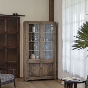 ארון יין ויסקי עתיק בעבודת יד, ידידותי לסביבה, מעץ מלא, זכוכית, עיצוב כפרי, תצוגה, שטח אחסון גדול, ריהוט לבית - Product Image 2