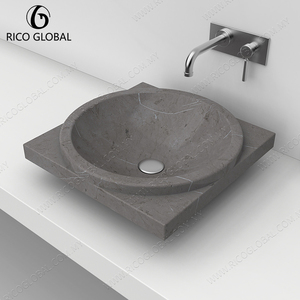 Marble Vessel Sink Round Basin Polished Grey Stone Top Mount Bathroom Sink Minimalist Design - Product Image 6