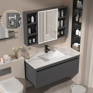 Mobile da Bagno Smart in Lega di Alluminio Spaziale di Livello Alberghiero con Lavabo Integrato in Ceramica e Piano in Gres Porcellanato, Specchiera e Mobile Lavabo - Product Image 1