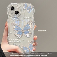 Housse Bcak en forme de vague avec lanière pour Apple 16 Pro Max Design papillon mignon étui transparent à paillettes antichoc pour iPhone 15