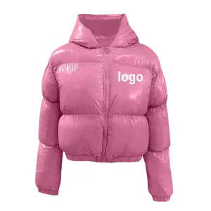 OEMカスタム冬の女性ファッションバブルフグジャケットピンク光沢のある高品質のクロップドダウンジャケット