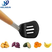 Presse-purée manuel en silicone résistant à la chaleur avec logo personnalisé, manche en bois et acier inoxydable pour fruits et légumes