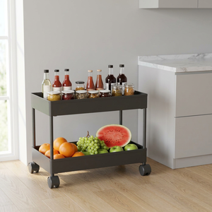 Chariot de rangement de cuisine moderne à double niveau avec roulettes pour l'organisation des épices et des fruits en gris - Product Image 5