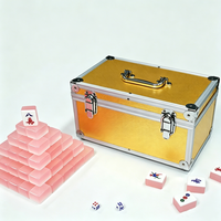Jeu de Mahjong de Luxe Personnalisé Portable en Acrylique Rose Effet Jade, 4 Joueurs, Ensemble Complet, Boîte en Aluminium Doré, Jeu de Table