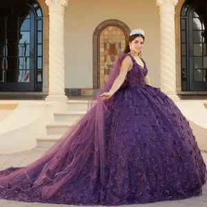 Mumuleo màu tím sáng bóng công chúa quinceanera váy với áo choàng ra Vai Hoa bướm Corset ngọt ngào 15 áo choàng Vestido debutante