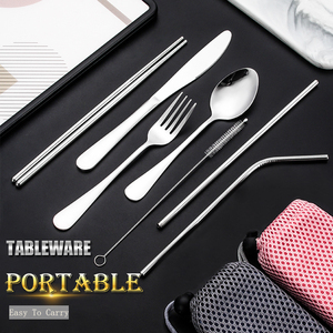 Portable Stainless Steel Flatware <strong>Set</strong> 7-piece <strong>Spoon</strong> <strong>Fork</strong> <strong>Knife</strong> Chopsticks Straw Brush Camping Travel Cutlery <strong>Set</strong> with Case - Product Image 2