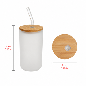Vaso de vidrio esmerilado con forma de lata de 16 oz, con tapa de bambú y pajita, para suministros de cafeterías, en blanco para grabado láser, stock local en EE. UU. - Product Image 2